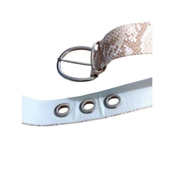 Vintage Suzie Oher Canada Silver Metal Cream Snakeskin Print Belt M Plus Stretch - Picture 6 of 8